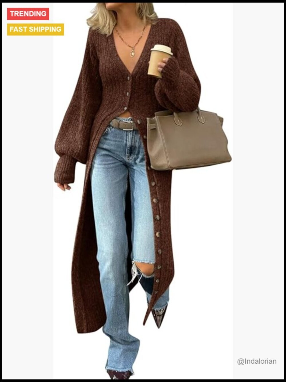 Long Chunky Knit V-Neck Button Down Cardigan Sweater Coat Duster